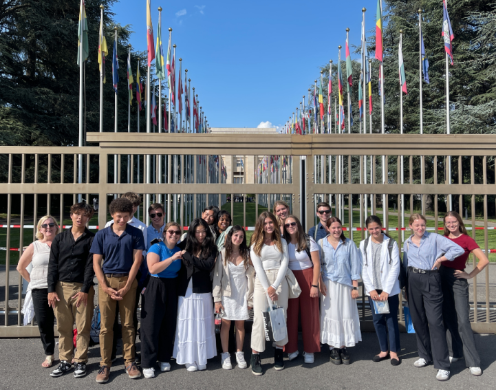 High School students on their class excursion to Geneva, Switzerland. They pose for a photo outside the UN.